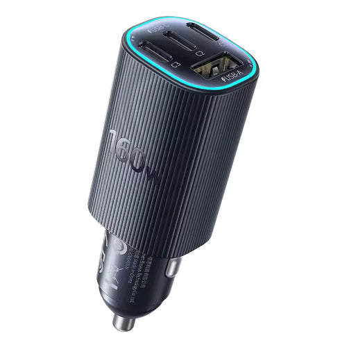 Black car charger with Baseus 160w branding on a white background
