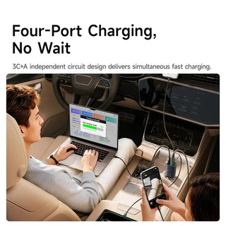 car charger showing 4 port charging phone and laptop devices