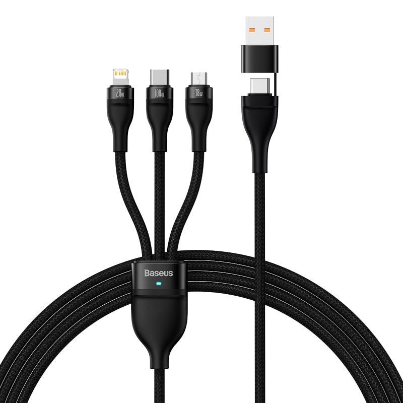 Baseus Two-for-Three USB to Lightning, USB C, Micro PD 100W 5A Fast Charging. 1.2m - product variant black front - b.savvi