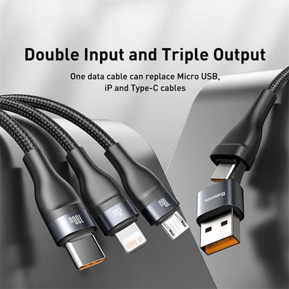 Baseus Two-for-Three USB to Lightning, USB C, Micro PD 100W 5A Fast Charging. 1.2m - product details double input triple output - b.savvi