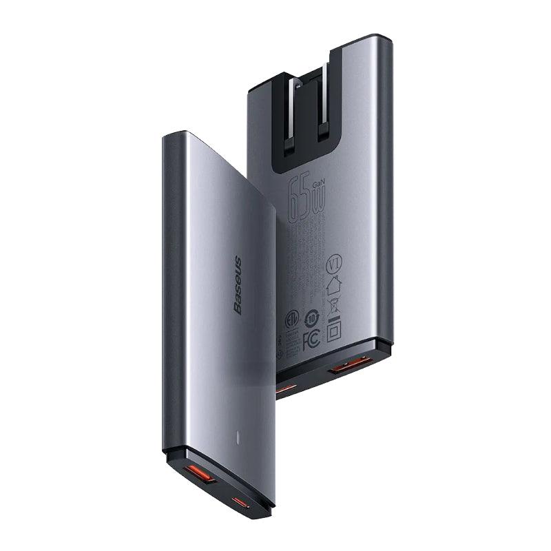 Baseus Ultra-Slim 65W GaN 5 Pro USB C Charger UK/EU/US Adapter Plug for Travel - product main grey front angled view - b.savvi