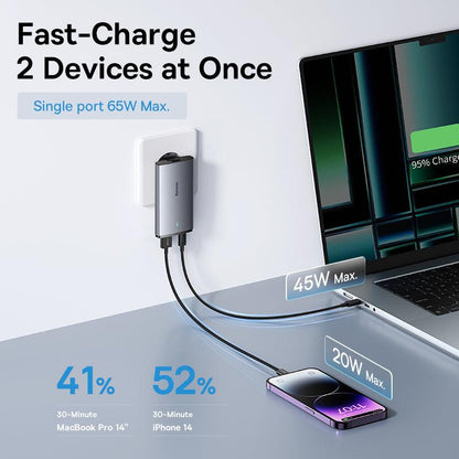 Baseus Ultra-Slim 65W GaN 5 Pro USB C Charger UK/EU/US Adapter Plug for Travel - product details fast charge 2 devices at once - b.savvi