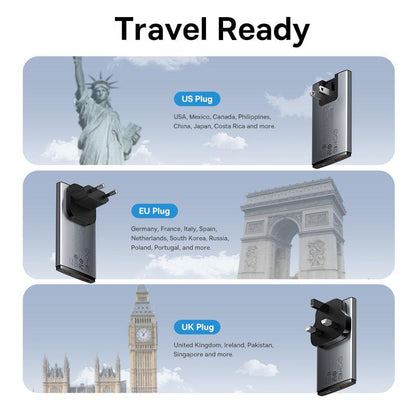 Baseus Ultra-Slim 65W GaN 5 Pro USB C Charger UK/EU/US Adapter Plug for Travel - product details travel ready - b.savvi