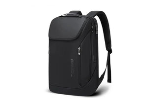 A black minimalist laptop backpack with multiple zippered compartments and padded shoulder straps, shown on a clean white background.