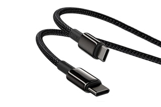 A black braided USB-C to USB-C cable with glossy black connectors, shown on a plain white background.