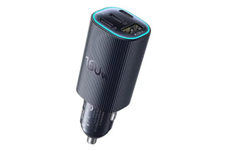 A 12V car cigarette lighter charger with a ribbed black and dark gray body, featuring a blue LED light ring around the top ports, shown on a solid white background.