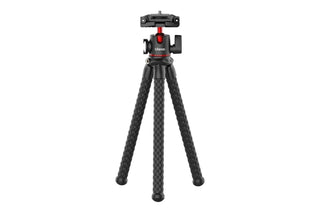 A black tripod with textured legs and a red accent on the head, shown on a plain white background.