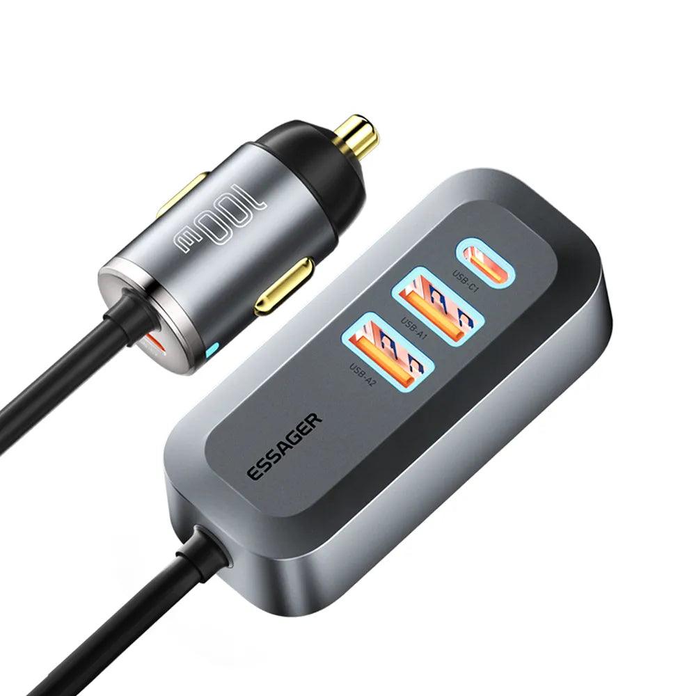 Essager 100W Car Charger 4 Port USB PD 1.5m Extension Cable - product main grey front angled view - b.savvi