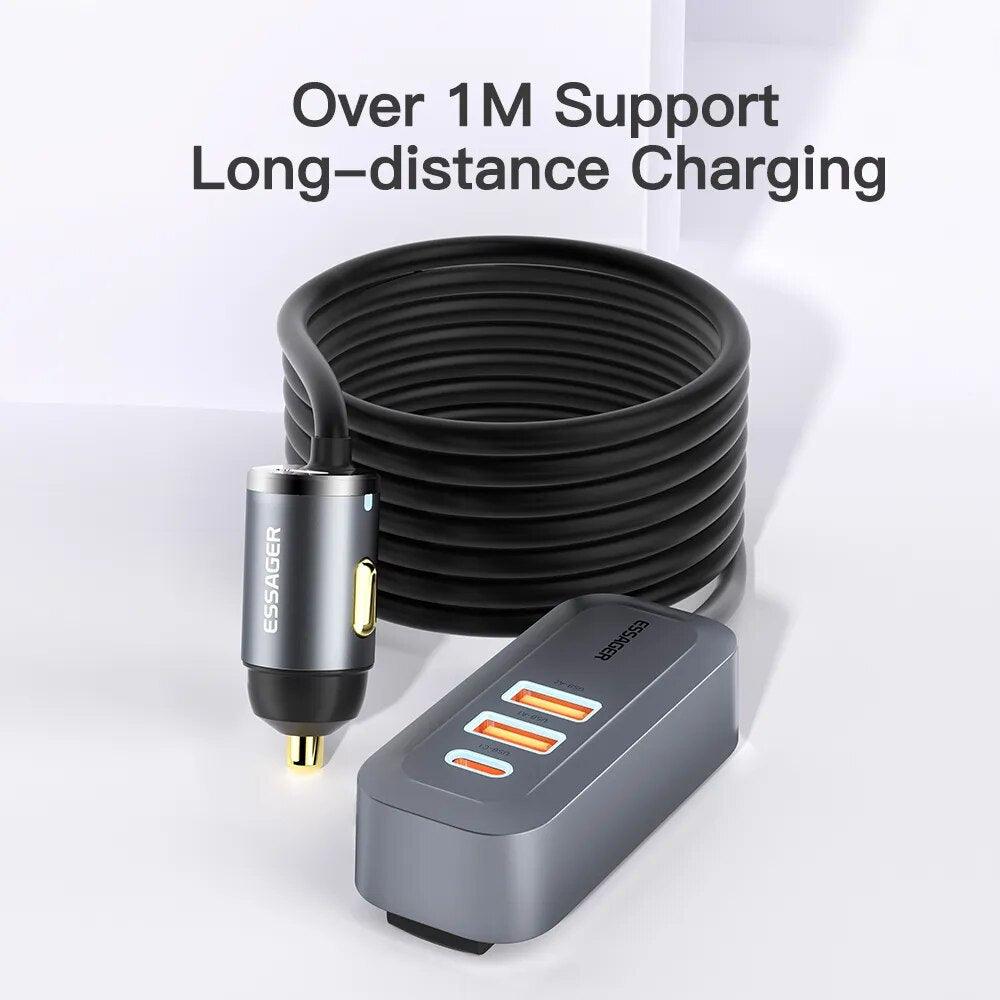 Essager 100W Car Charger 4 Port USB PD 1.5m Extension Cable - product details over 1m long cable - b.savvi