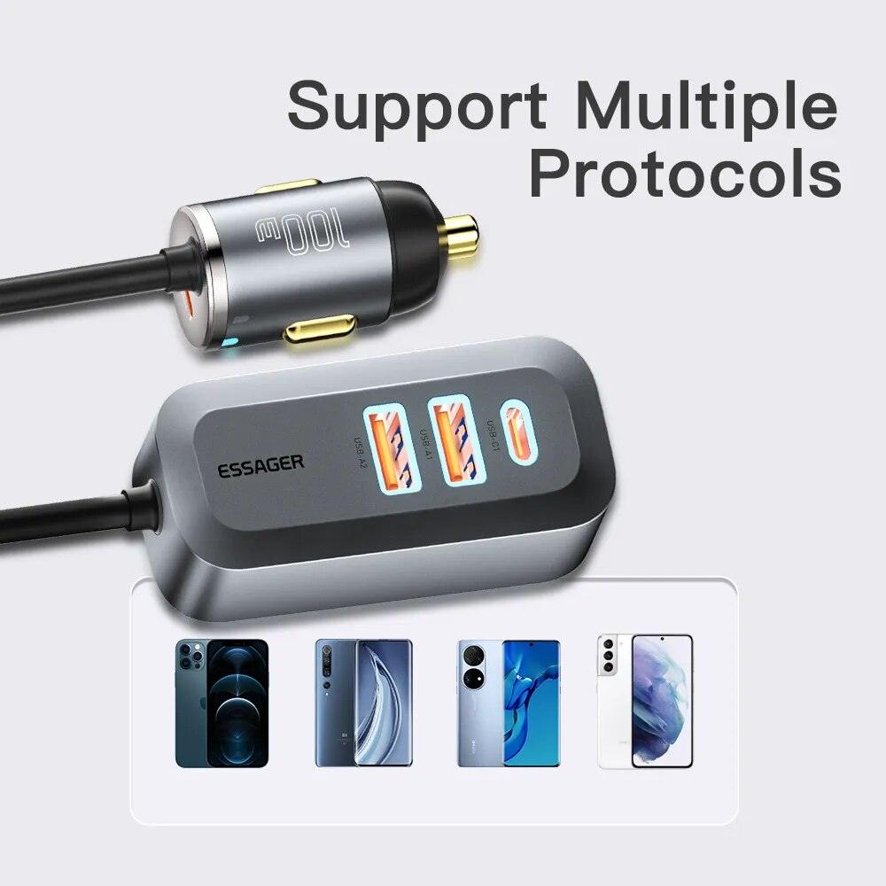 Essager 100W Multi Port Fast Charging Car Charger USB PD 1.5m Extension Cable