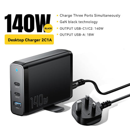 Essager 140W GaN3 USB C Desktop Charger - product variant black front angled view uk plug - b.savvi