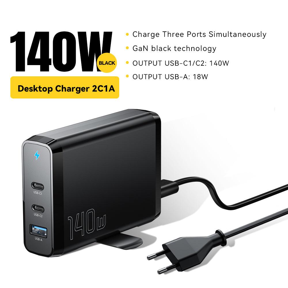 Essager 140W GaN3 USB C Desktop Charger - product variant black front angled view eu plug - b.savvi