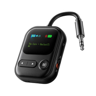 A black wireless transmitter receiver device with a small LCD screen displaying status icons and text, featuring three control buttons on the front and a 3.5mm audio jack connector extending from the side, shown on a plain white background.