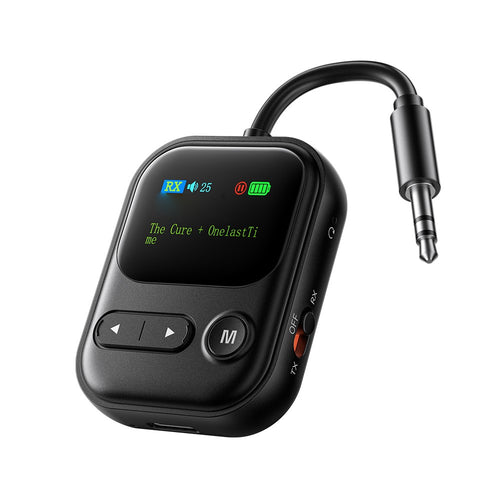 A black wireless transmitter receiver device with a small LCD screen displaying status icons and text, featuring three control buttons on the front and a 3.5mm audio jack connector extending from the side, shown on a plain white background.