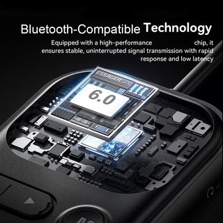 Close-up of a black electronic device with a glowing blue chip graphic and overlaid marketing text reading 'Bluetooth-Compatible Technology' on a dark background.