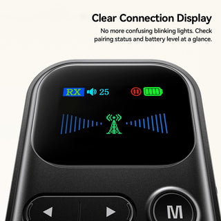 Close-up of a black electronic device with a small display showing connection status icons and text above reading 'Clear Connection Display' and 'No more confusing blinking lights. Check pairing status and battery level at a glance.