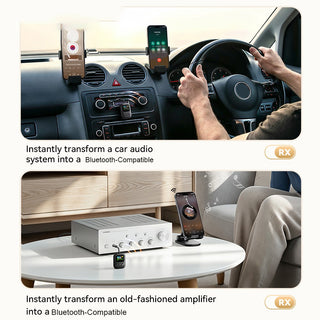 A two-panel promotional graphic showing Bluetooth car audio adapters in use. The top panel shows a phone mounted on a car dashboard, with hands on the steering wheel and text reading 'Instantly transform a car audio system into a Bluetooth-Compatible'.