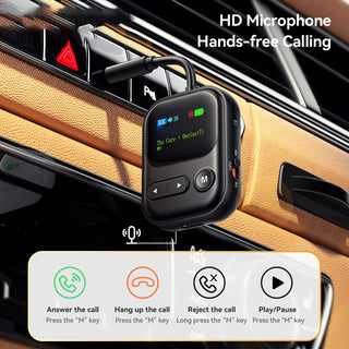 Black car hands-free wireless intercom receiver clipped to a dashboard, with a small display and control buttons, plus text reading 'HD Microphone Hands-free Calling' and an informational control graphic at the bottom.