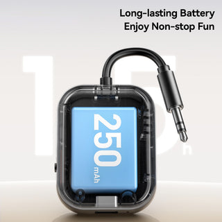 A portable power bank with a blue face and white '2500 mah' text, encased in a clear protective shell with a black 3.5mm audio cable attached.