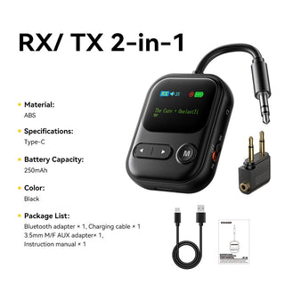 Black 2-in-1 Bluetooth transmitter and receiver device with a 3.5mm audio adapter and USB cable, shown on a white background with product specifications and package list text.