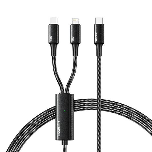 Essager 2 in 1 USB C to USB C & Lightning Cable 100W 5A Fast Charge - product main black front view - b.savvi
