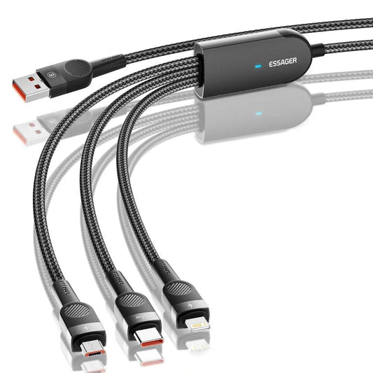 Essager 3 in 1 USB to Lightning USB C Micro Cable 66W 6A Fast Charge - product main black front angled view - b.savvi