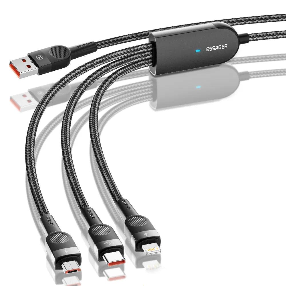 Essager 3 in 1 USB to Lightning USB C Micro Cable 66W 6A Fast Charge - product main black front angled view - b.savvi