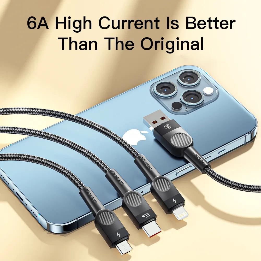 Essager 3 in 1 USB to Lightning USB C Micro Cable 66W 6A Fast Charge - product details 6a high current - b.savvi