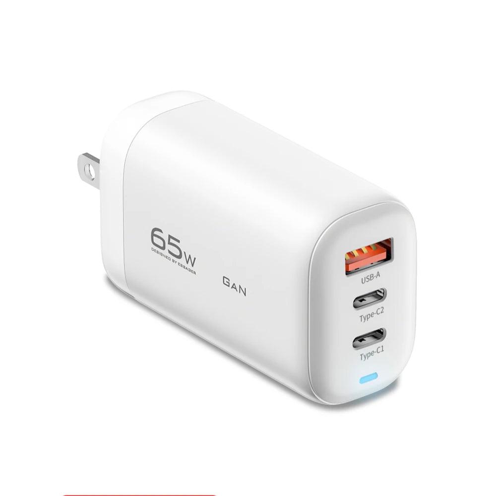 Essager 65W GaN USB C Fast Charger Plug 3-Port Wall Power Adapter - product variant us white front angled view - b.savvi