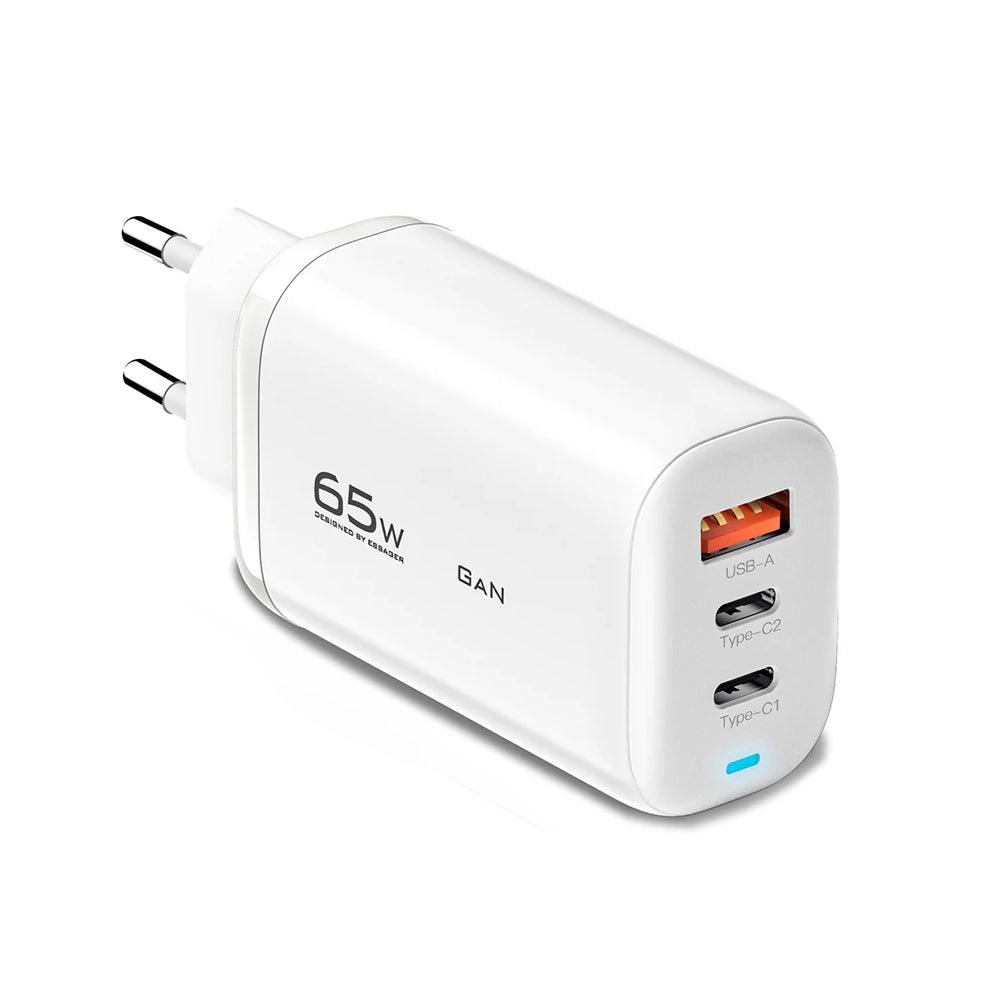 Essager 65W GaN USB C Fast Charger Plug 3-Port Wall Power Adapter - product variant eu white front angled view - b.savvi