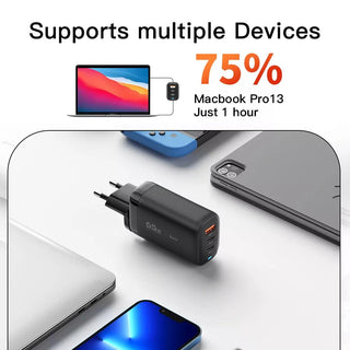 Essager 65W GaN USB C Fast Charger Plug 3-Port Wall Power Adapter - product details supports multiple devices - b.savvi