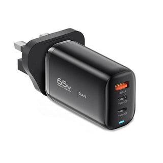 Essager 65W GaN USB C Fast Charger Plug 3-Port Wall Power Adapter - product variant uk black front angled view - b.savvi