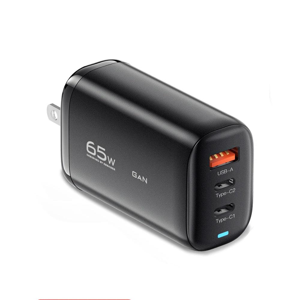 Essager 65W GaN USB C Fast Charger Plug 3-Port Wall Power Adapter - product variant us black front angled view - b.savvi