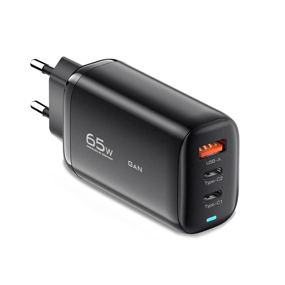 Essager 65W GaN USB C Fast Charger Plug 3-Port Wall Power Adapter - product variant eu black front angled view - b.savvi