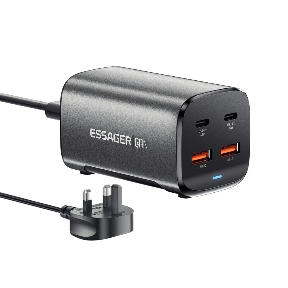 Essager 67W GaN USB C Desktop Fast Charger 4-Port Power Adapter - product variant uk black front angled view - b.savvi