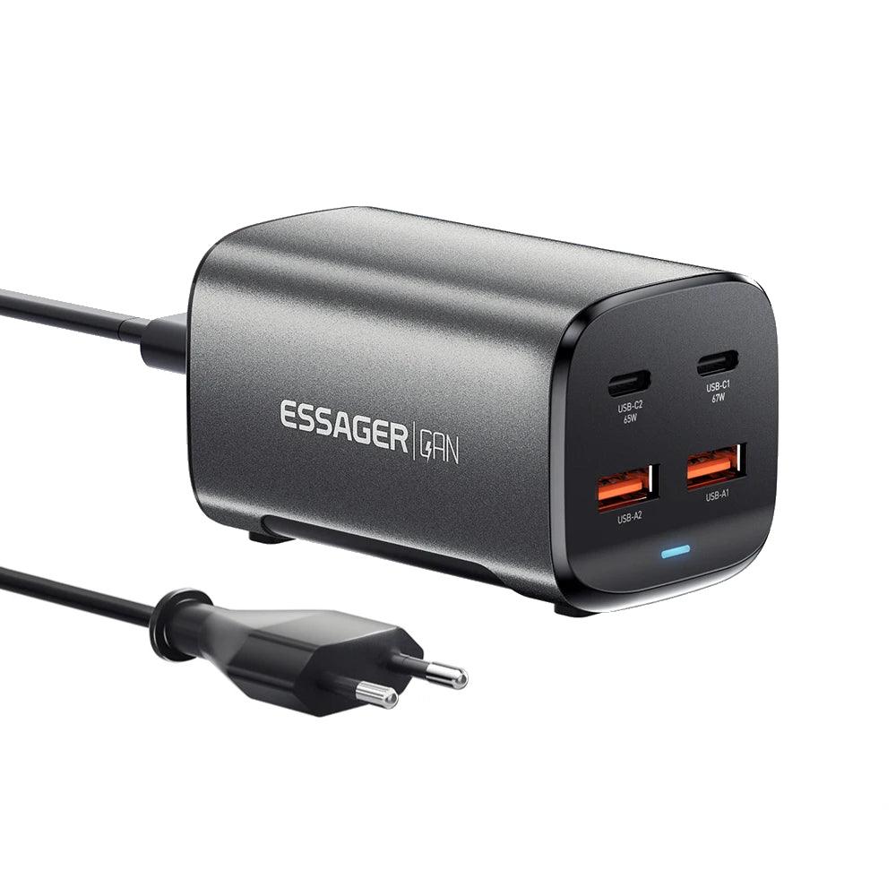 Essager 67W GaN USB C Desktop Fast Charger 4-Port Power Adapter - product variant eu black front angled view - b.savvi