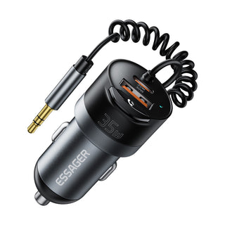 Black car charger with Essager branding on a white background