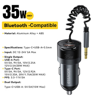 Essager Bluetooth 5.3 USB Car Charger 3.5mm AUX Adapter PD 35W with Mic