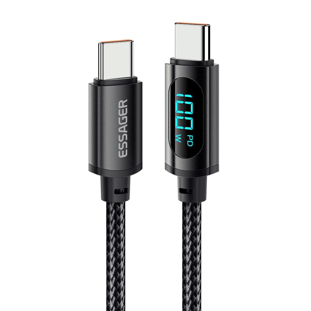 Essager LED Display 100W 5A PD USB C to USB C Cable Fast Charge - product main black front angled view - b.savvi