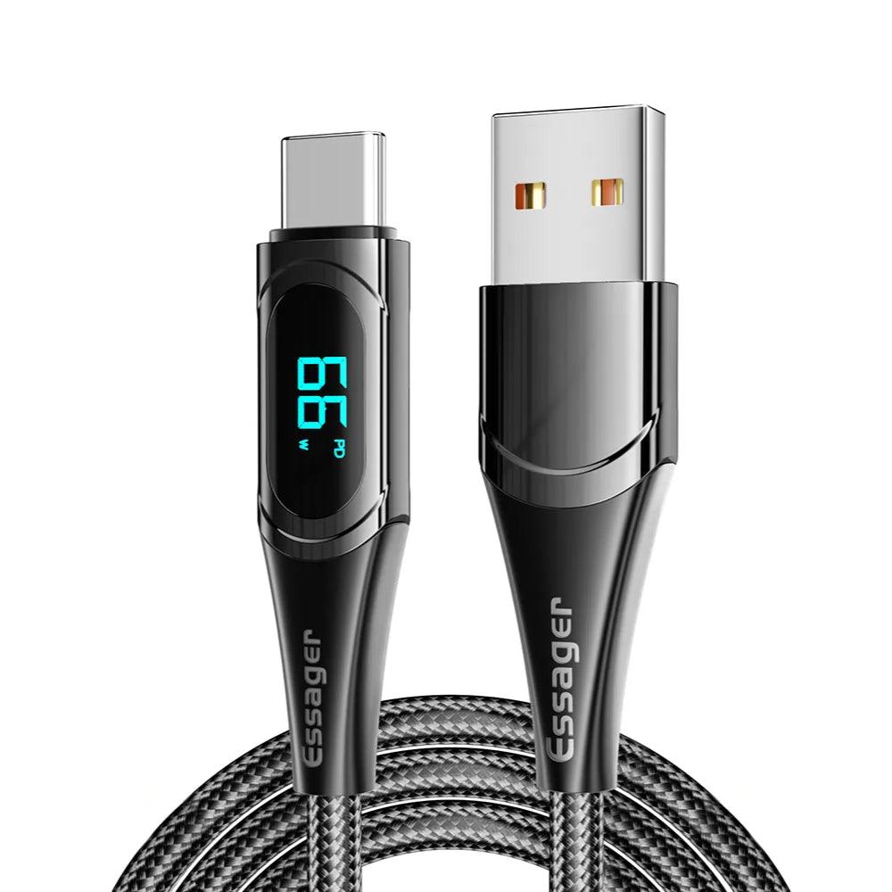 Essager LED Display USB A to USB C Cable 66W PD 6A Fast Charge - product main black front angled view - b.savvi