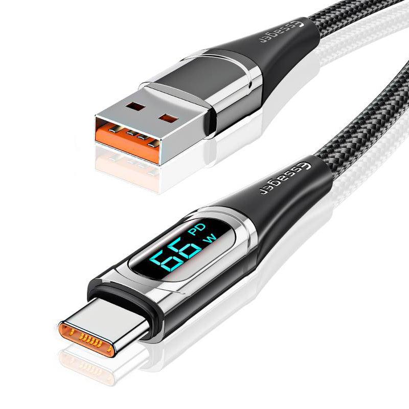 Essager LED Display USB A to USB C Cable 66W PD 6A Fast Charge - product variant black front angled view - b.savvi