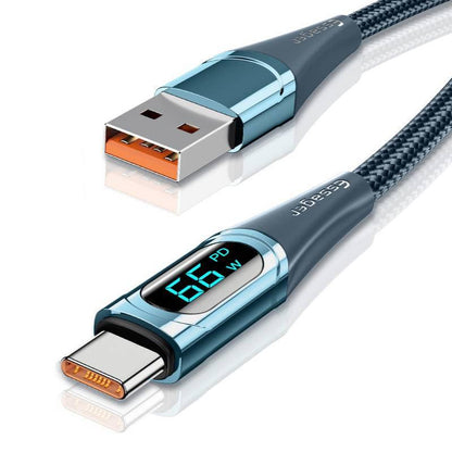 Essager LED Display USB A to USB C Cable 66W PD 6A Fast Charge - product variant blue front angled view - b.savvi