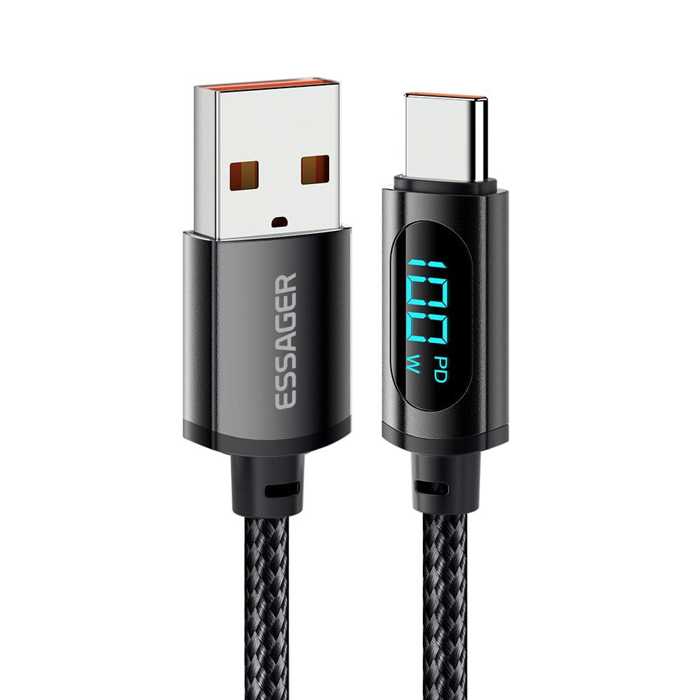 Essager LED Display USB C 100W 7A PD Cable Fast Charge - product main black front angled view - b.savvi