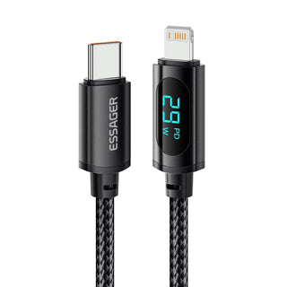 Essager LED Display USB C to Lightning 29W 3A PD Cable Fast Charge - product main black front angled view - b.savvi