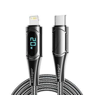 Essager LED Display USB C to Lightning Cable 20W PD Fast Charge - product main black front angled view - b.savvi