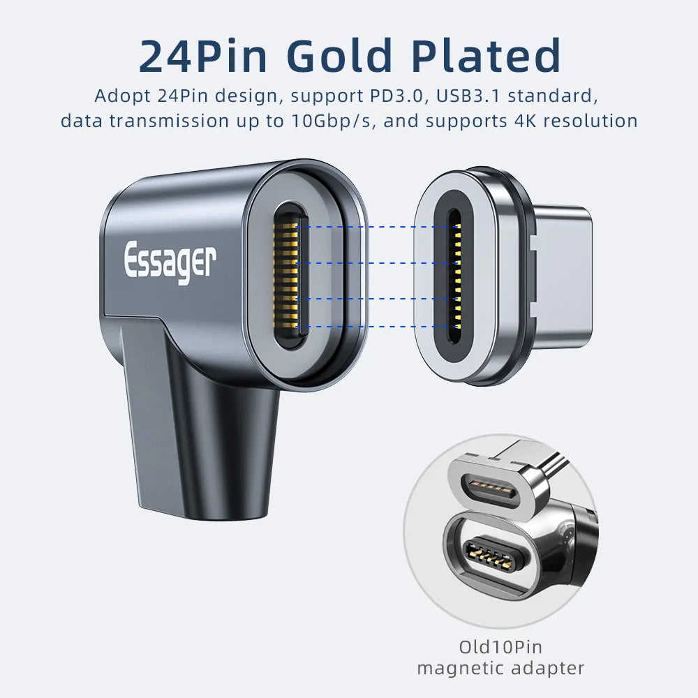 Essager Magnetic 90 Degree 10Gbps USB C Adapter 100W 5A PD USB 3.1 - product details 24pin gold plated - b.savvi