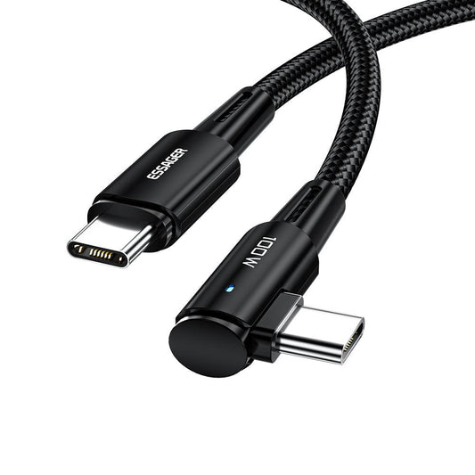 Essager USB C to USB C 90 Degree Cable 100W 5A Fast Charge - product main black front angled view - b.savvi