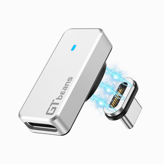 Metallic adapter with USB-C and lightning connector on a white background