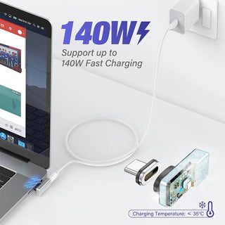 Laptop with charging cable and accessories on a white background, highlighting 140W fast charging capability.