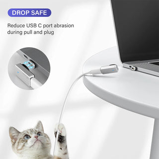 USB-C adapter with laptop and cat on a white background